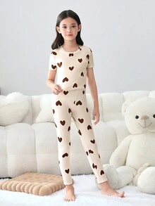 SHEIN 青少女心形印花短袖褲子緊身睡衣套裝 - 粉色 - 查看 5