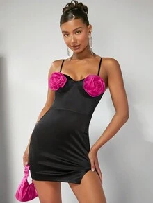 SHEIN BAE Contrast Flower Applique Split Hem Satin Cami Dress - Black - View 3