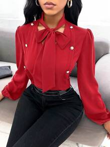 SHEIN Slayr 領口鈕扣細節燈籠袖襯衫 - 紅色 - 查看 4