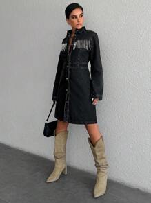 RueChic Fringe Trim Button Front Denim Dress - Black - View 3