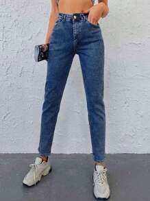 EURMUSE 98%Cotton Solid Slant Pocket Mom Fit Jeans - Blue - View 3