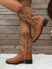 女士刺繡裝飾PU皮靴，2024新款中筒西部風格靴子，適用於秋冬戶外和假日季節，女性牛仔靴 - 棕色 - 查看 6