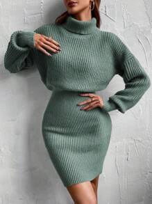EMERY ROSE 高領落肩毛衣洋裝 - 綠色 - 查看 1