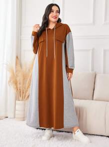 Mulvari Plus Colorblock Flap Detail Drawstring Hooded Sweatshirt Dress Graduation,Back To School Outfits,Graduation,Teacher Outfits For Women,Back To School Pullover Fall Outfit Winter Autumn - Multicolor - View 1