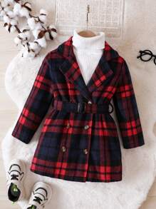 Young Boy Plaid Double Breasted Belted Tweed Overcoat Without Sweater - Multicolor - View 1