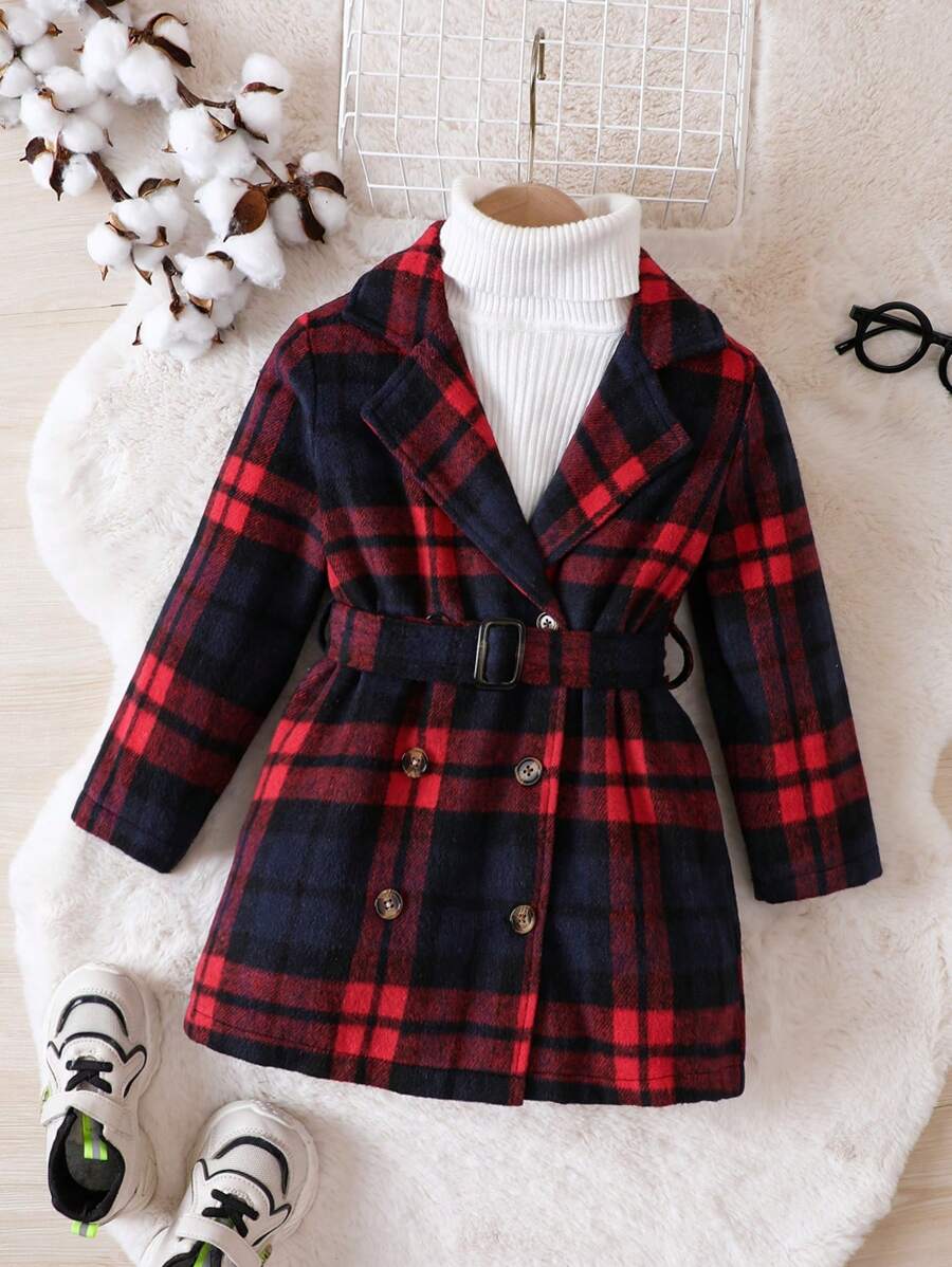 Young Boy Plaid Double Breasted Belted Tweed Overcoat Without Sweater - Multicolor - View 1