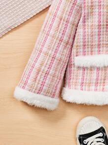 SHEIN Baby Girl Plaid Pattern Contrast Fuzzy Trim Tweed Overcoat - Pink - View 4