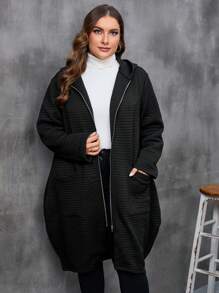SHEIN LUNE Plus Dual Pocket Zip Up Hooded Coat - Black - View 6