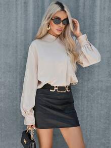 SHEIN Privé Solid Mock Neck Satin Blouse - Apricot - View 4