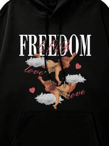 Men Plus Slogan & Cartoon Graphic Kangaroo Pocket Drawstring Thermal Hoodie - Black - View 5