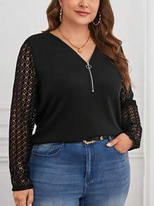 SHEIN LUNE Talla grande Top con encaje en contraste con cremallera media