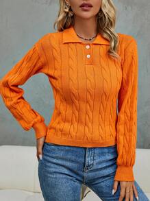 SHEIN Clasi Polo Neck Cable Knit Pullover Fall Winter Sweater - Orange - View 4