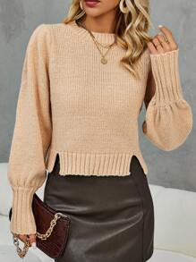 SHEIN LUNE Áo len chui đầu tay phồng xẻ tà, màu trơn, thích hợp cho mùa thu đông. - Màu Khaki - Xem 1