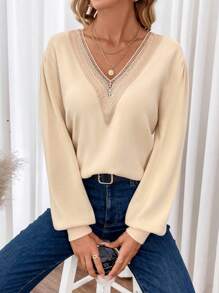 SHEIN Frenchy Bảng điều khiển ren Guipure Tay áo lồng đèn Áo len - Màu be - Xem 4