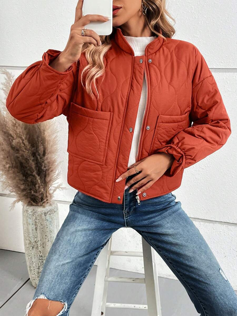 Chiquease 纯色弹性腰部加厚棉服外套冬季 - 棕色 - 查看 1