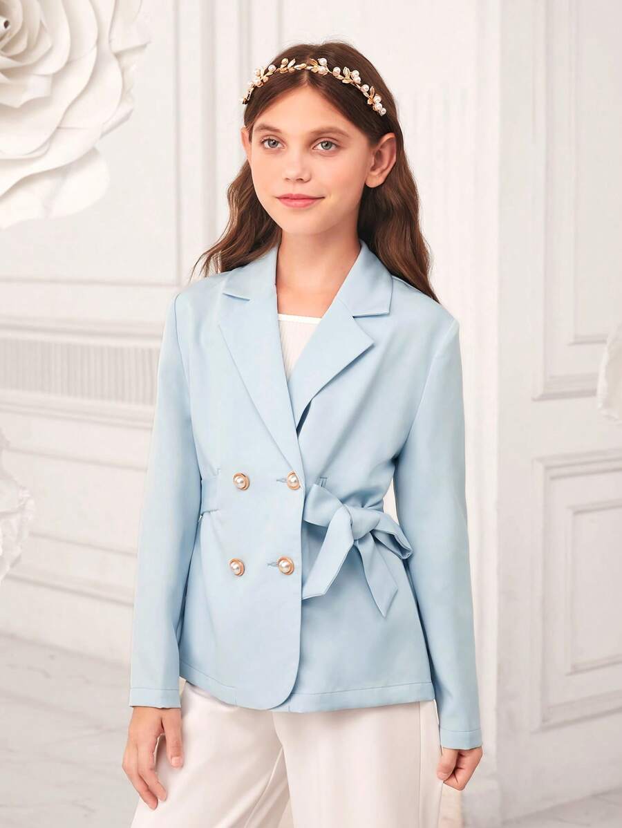 SHEIN Cô gái Tween 1 Miếng Đôi ngực Nút ven áo - Màu xanh nhạt - Xem 1