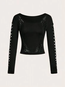 SHEIN ICON Pha lê Cánh Mẫu Áo phông Crop - màu đen - Xem 2