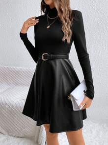 SHEIN Frenchy 素色小高領A字洋裝不附腰帶 - 黑色 - 查看 5