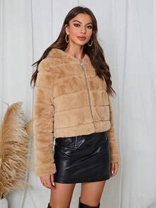 RELISH NOLESS Zip Up Hooded Fuzzy Coat - Camel - View 6