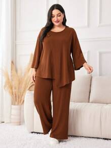 Mulvari Plus Button Detail Asymmetrical Hem Tee & Wide Leg Pants - Coffee Brown - View 5