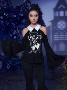 Corpse Bride | ROMWE Hình & Chữ Đồ họa Áo thun tay áo có vai lạnh - màu đen - Xem 1