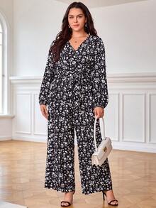SHEIN Clasi Plus Ditsy Floral Print Lantern Sleeve Belted Wide Leg Jumpsuit - Multicolor - View 5