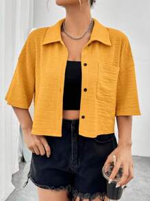 SHEIN EZwear Camisa de hombros caídos con parche de bolsillo - Amarillo - Ver 3