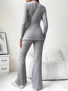 SHEIN Maternity Ribbed Knit Split Hem Tee & Adjustable Waist Flare Leg Pants - Grey - View 2