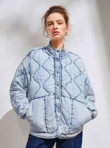 SHEIN Essnce 女士洋葱形绗缝羽绒夹克 - 藍色 - 查看 4