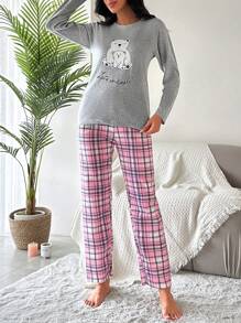 RueChic Cartoon & Slogan Graphic Tee & Plaid Pants PJ Set - Grey - View 3