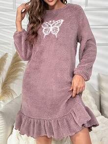 Butterfly Embroidery Ruffle Hem Flannel Lounge Dress - Brown - View 5