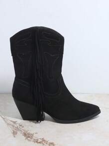 仿麂皮流蘇細節粗跟靴 - 黑色 - 查看 3
