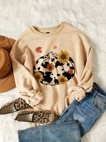 SHEIN LUNE 大码休闲简约卡通印花女式运动衫，适合秋冬季 - 卡其色 - 查看 3