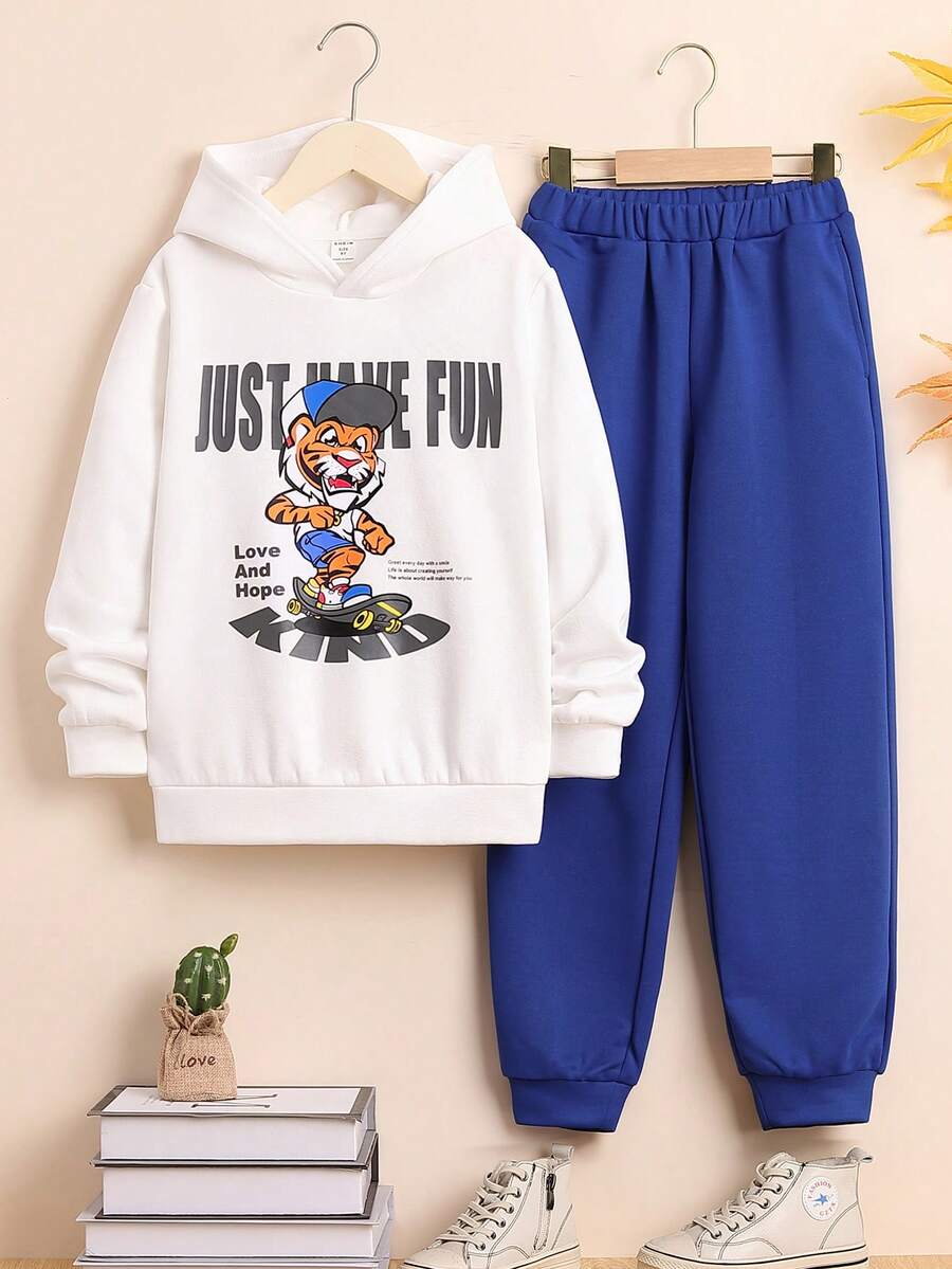 Cậu bé Tween Đồ họa hoạt hình và khẩu hiệu Áo Hoodie & Quần thể thao - Màu xanh lam - Xem 1