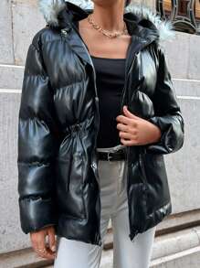 EURMUSE Drawstring Waist Fuzzy Trim Hooded Puffer Coat - Black - View 4