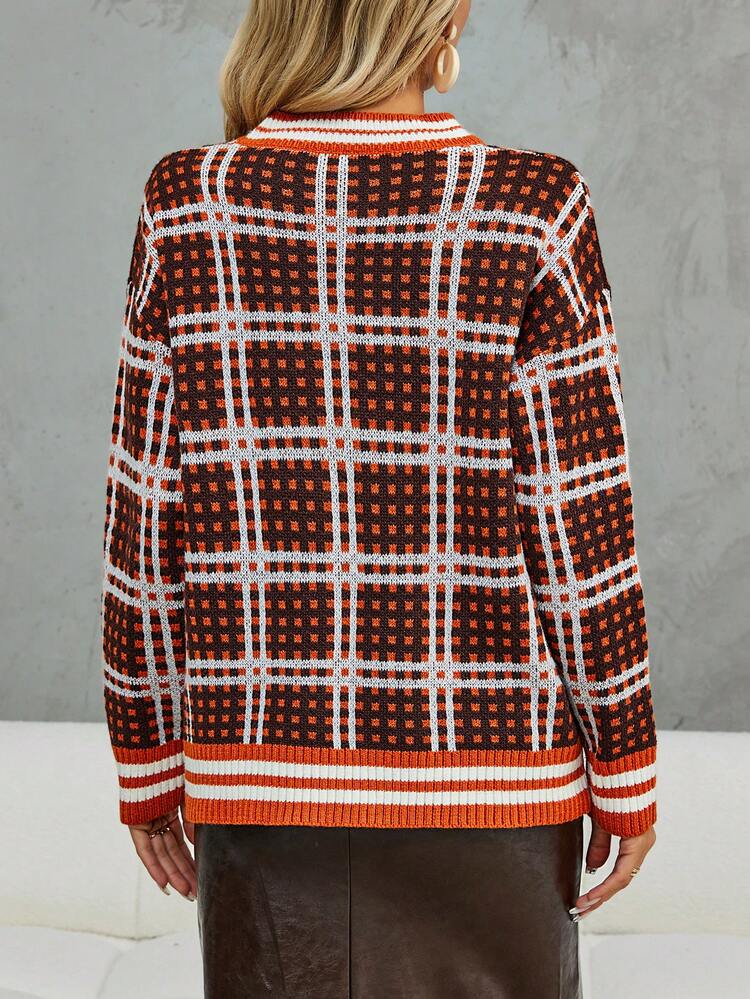 Plaid Pattern Striped Trim Knit Pullover Fall Winter Sweater