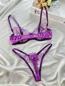 SHEIN Floral Embroidery Mesh Underwire Lingerie Set - Purple - View 2
