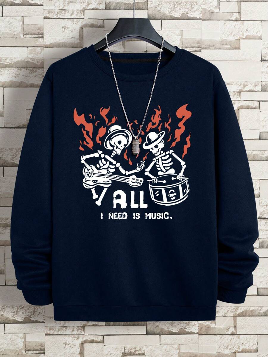 Men Skeleton & Slogan Graphic Thermal Lined Sweatshirt - Navy Blue - View 1