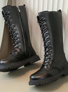 雙兒童冬季靴子適合女孩和男孩，2023 年新款公主風格小女孩高幫及膝靴 - 黑色 - 查看 2