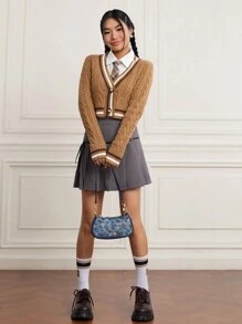 SHEIN EZwear Striped Trim Cable Knit Cardigan Without Blouse - Brown - View 3