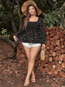 SHEIN VCAY 大碼碎花燈籠袖荷葉邊下擺襯衫 - 彩色 - 查看 1