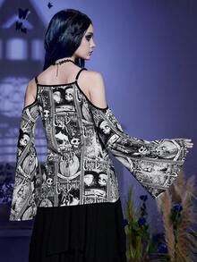 Corpse Bride | ROMWE Figure & Letter Graphic Cold Shoulder Trumpet Sleeve Tee - Black - View 2