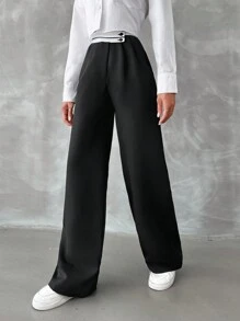 EURMUSE Pantalones de traje color block de cintura alta - Negro - Ver 5