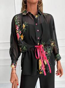 RueChic Floral Print Tie Front Batwing Sleeve Shirt - Black - View 5