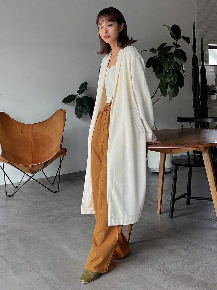 Solid Drop Shoulder Open Front Coat Women Jacket,Fall Women Clothes