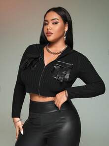 SHEIN ICON 大碼翻蓋口袋拉鏈開襟短款開衫 - 黑色 - 查看 5