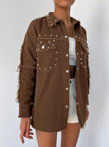 Cottnline 鉚釘細節翻蓋口袋毛邊緣牛仔夾克 - 棕色 - 查看 4