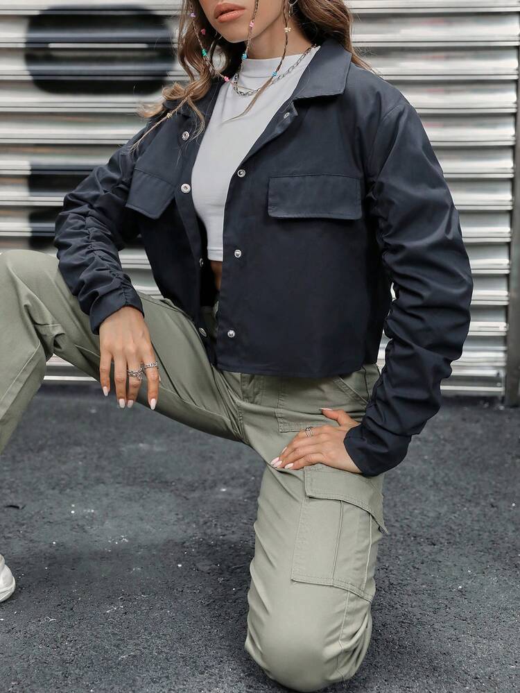 Flap Detail Ruched Sleeve Crop Jacket Fall Cloth For Women