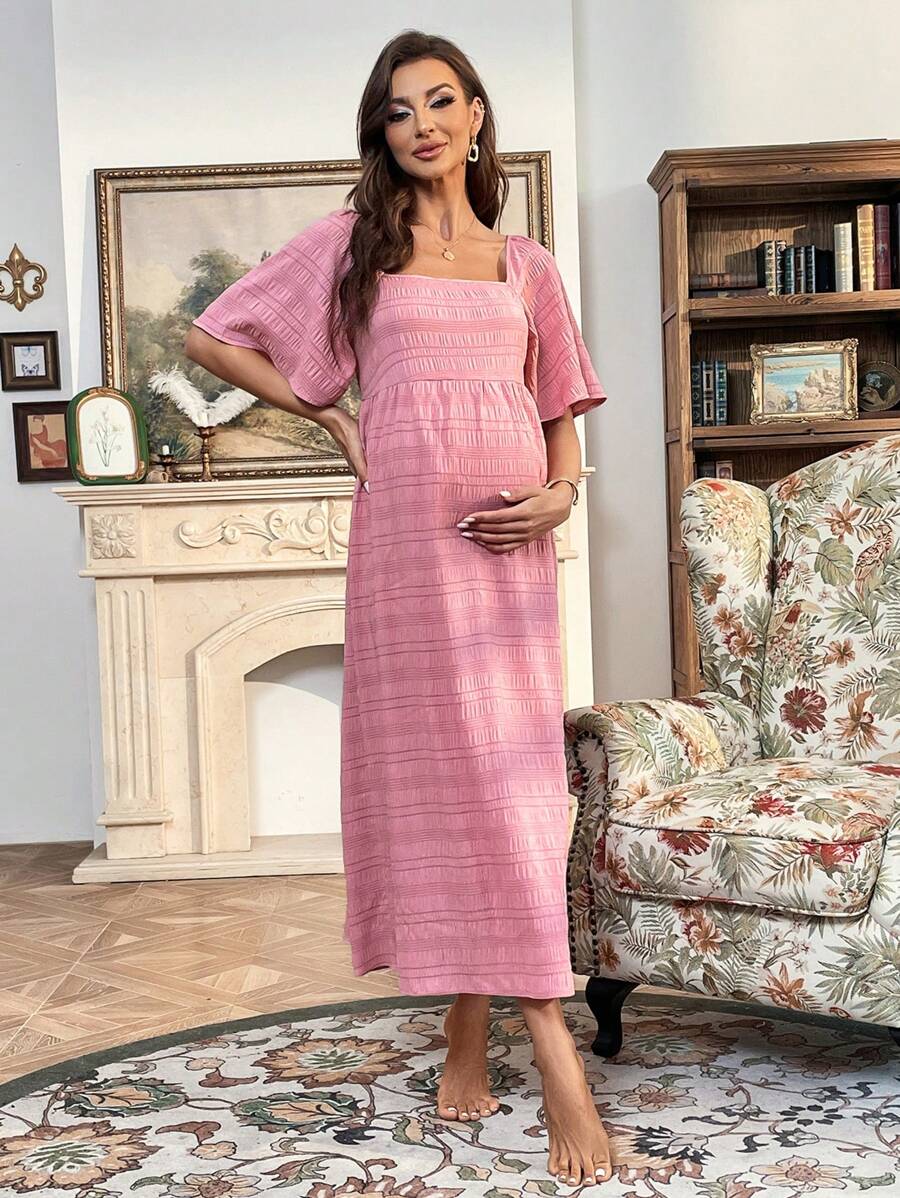 SHEIN Maternity Square Neck Butterfly Sleeve Dress - Pink - View 1