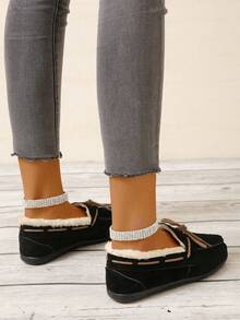 Women's Fashionable Plus Size Black Round Toe Slip-on Warm Bowknot Detail Comfortable Flat Shoes - Black - View 5